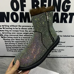 Winter Women Boots Rhinestone Flat Ankel Boots Plush Fashion Women Shoes Plus Size Warm Fur Snow Boots Antislip Cotton Shoes