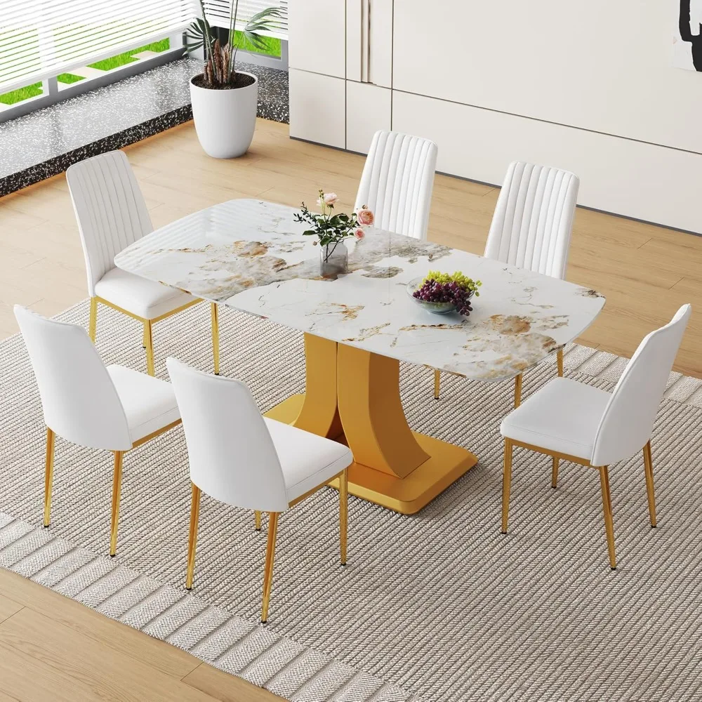 

Modern Dining Table Sets, Rectangular Kitchen Tables with 6 Pu Leather Upholstered Chair, Faux Marble Kitchen Table Chair Set