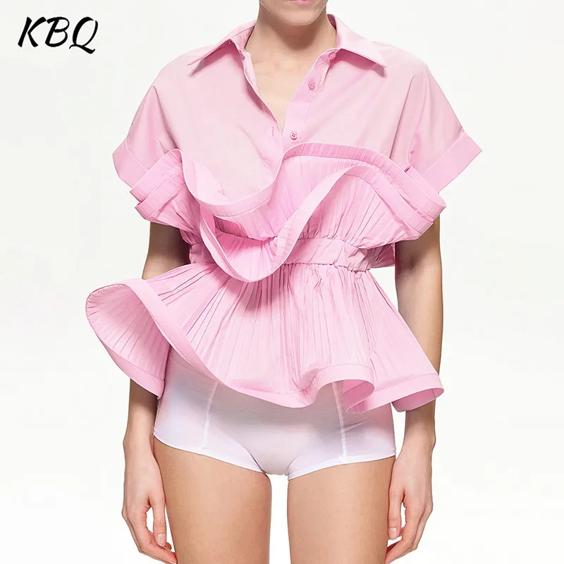 

KBQ Solid Patchwork Ruffles Blouse For Women Lapel Short Sleeve Tunic Spliced Single Breasted Chic Shirts Female Fashion Style