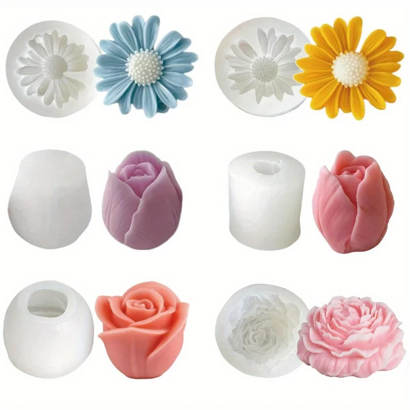 Juego de moldes para velas con diseño de 6 flores – Diseñado para usar con rosas, peonías, moldes de silicona para tulipanes y margaritas, muy adecuado para hacer velas.