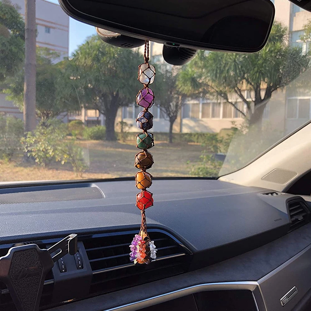 Handmade 7 Chakra Tumbled Gemstone Crystal Window Car Decor Feng Shui Hanging Ornaments Spiritual Meditation Auto Interior Decor
