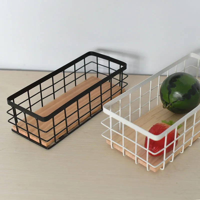 Metal Wire Basket, Decorative Wood Base Organizer for Bathroom, Kitchen, Basket for Toilet Paper Storage, Sugar Packet, Coffee