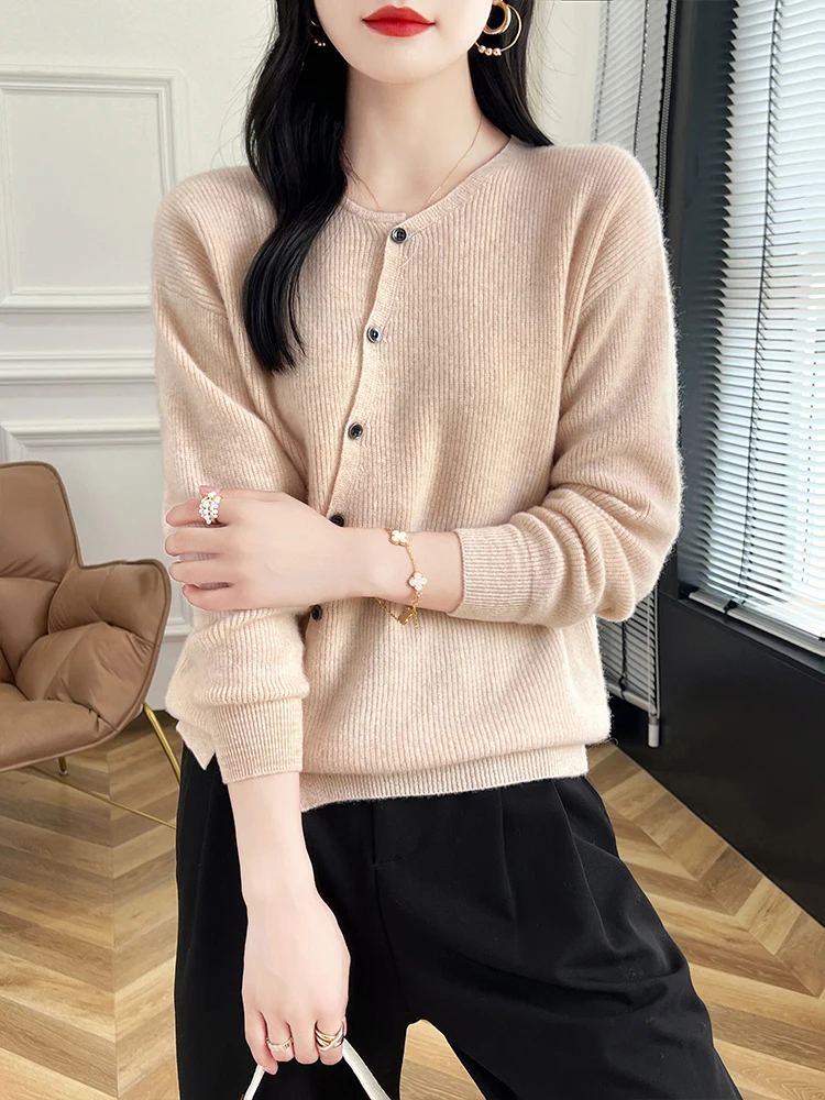 New Chic 100% Merino Wool Cardigan For Women Spring Autumn Winter Soft Warm Pure Colour Cashmere Sweater Korean Fashion Tops