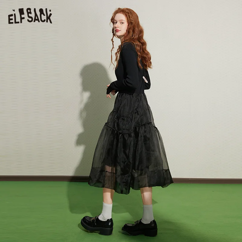 ELFSACK  Spliced Black Dresses Woman 2023 Summer/Autumn  Slim Long Sleeve Daily Dress