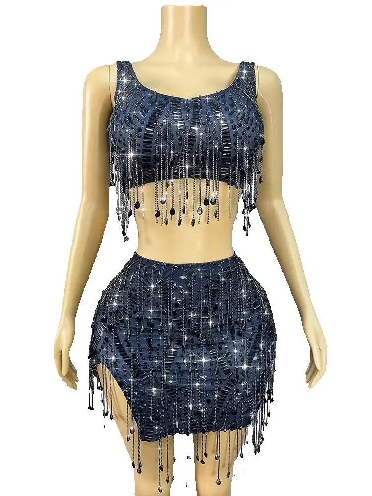 Wysokiej jakości zestaw: top na ramiączkach z kryształkami i spódnica, nowa modna odzież damska na zamówienie, kolekcja 2025