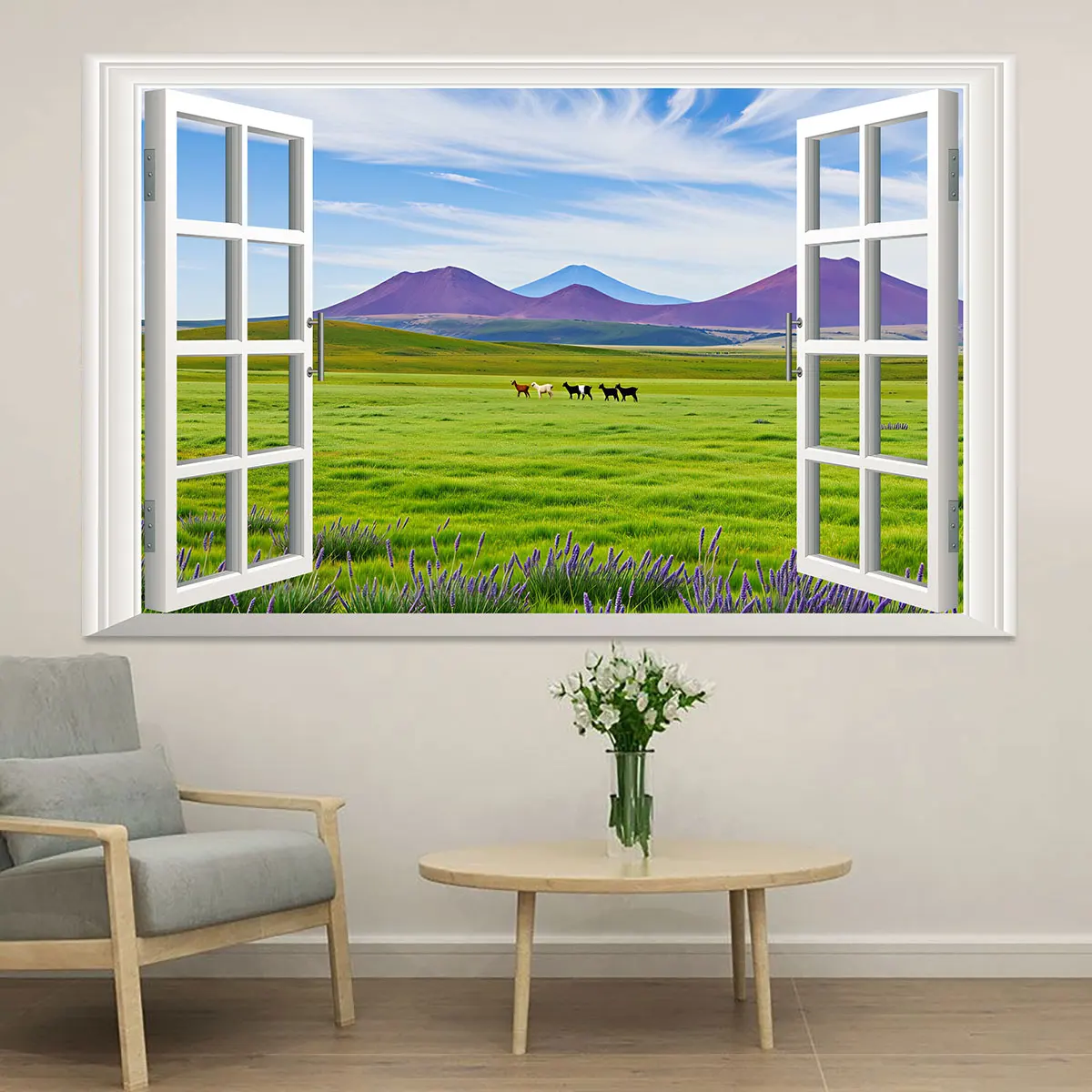 1pc grassl  ranch window view wall sticker  flat wall sticker  multiple sizes  living room   bedroom wall decoration