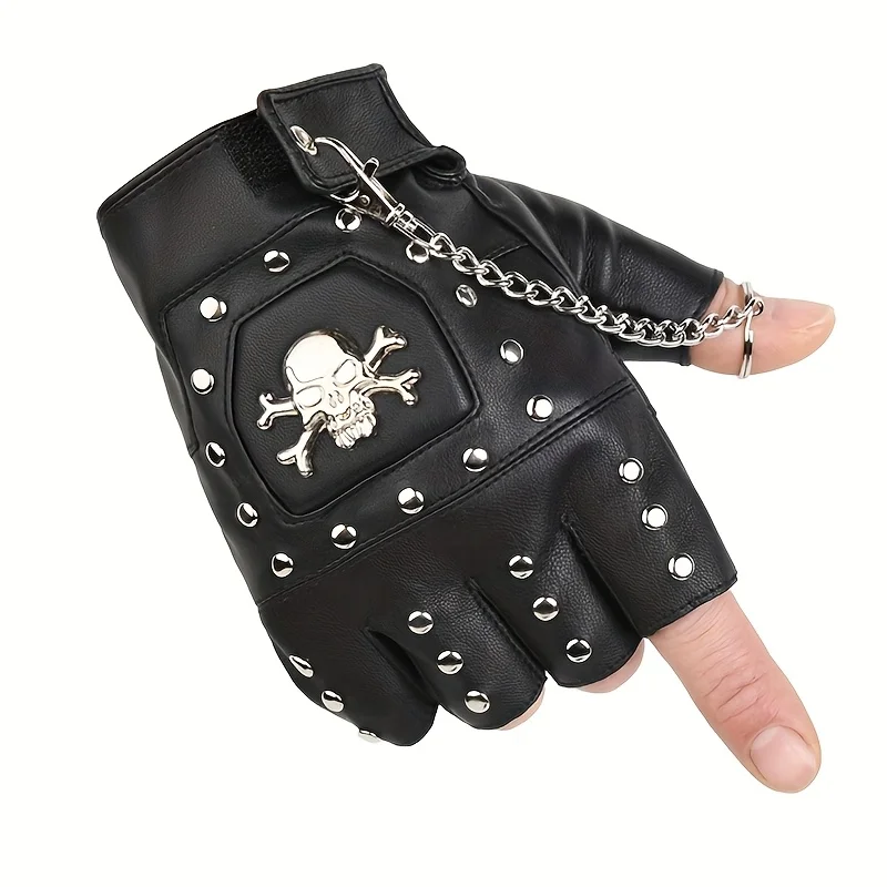 Punk Skull Rivet ถุงมือผู้หญิง Street Dance ผู้ชายแฟชั่นคู่ถุงมือไนท์คลับกันน้ํา PU หนัง Half Finger ถุงมือ