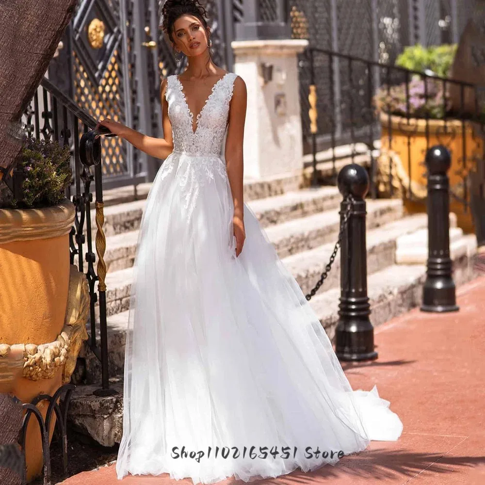 Robe de Mariée Élégante en Dentelle Blanche pour Femme, Col en V, en Fibtulle, Patients de Plage, Dos aux