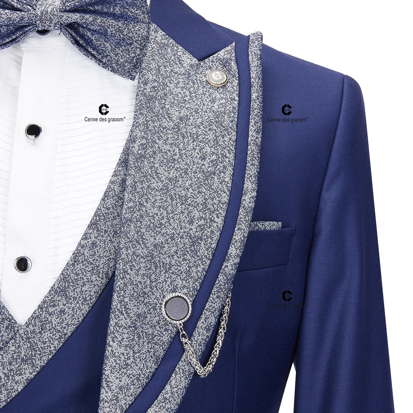 Cenne Des Graoom 2024 Elegant Men Suits Blue Tuxedo 1 Button Blazer Vest Pants with Bowtie 4pcs Set Wedding Evening Dress Prom