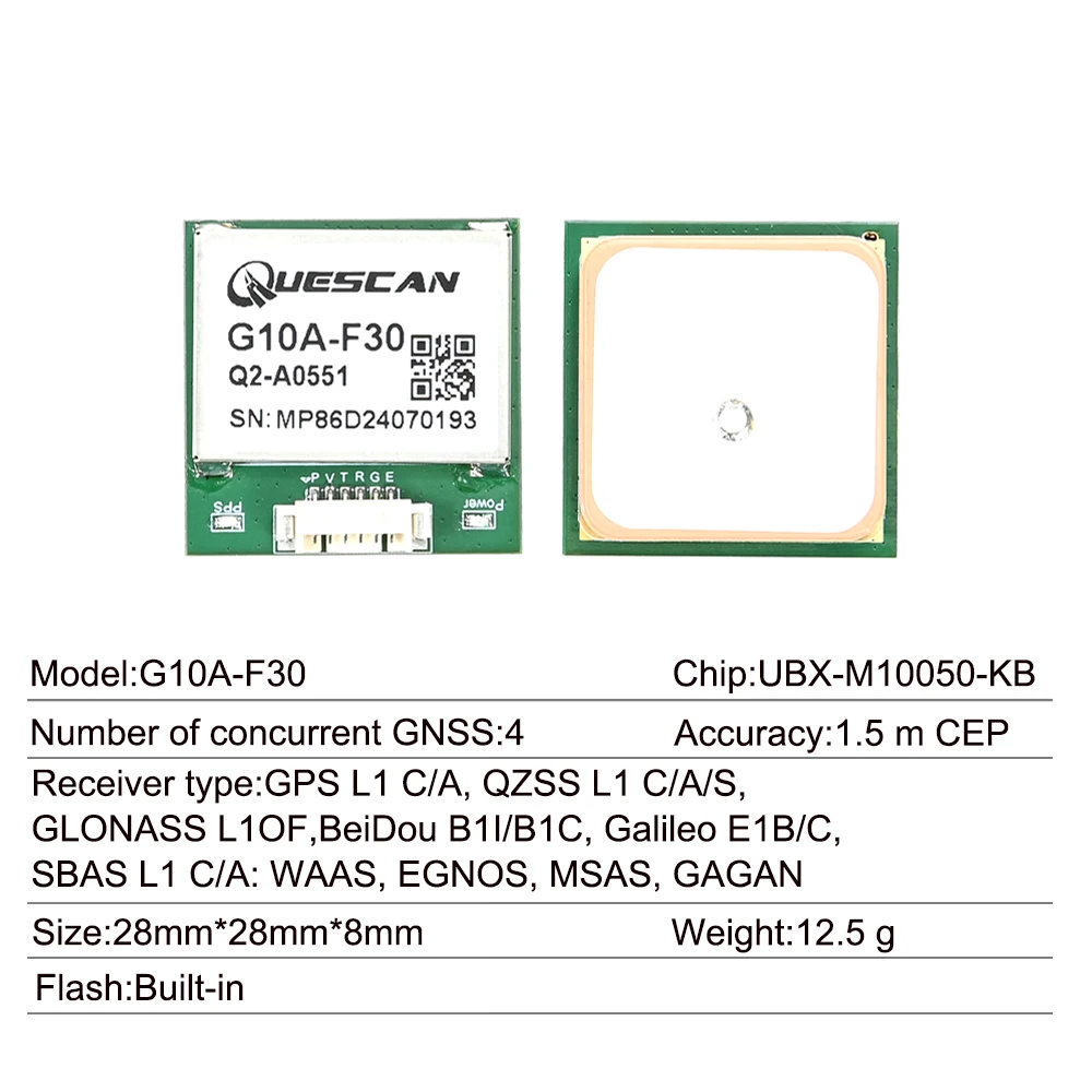 Quescan G10A-F30 M10 GPS GNSS Module GPS Galileo GLONASS BeiDou Receiver Timing Module UBX-M10050-KB 1-25Hz UBX NMEA Protocol