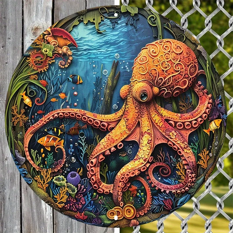 Waterproof Aluminum Metal Sign with Octopus Design, Circular Wall Decor for Dorm, Pet Decoration, Valentine's Day Gift