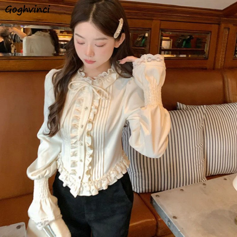 

Sweet Princess Shirts Women Vintage Ruffles Elegant French Style Long Sleeve Shirt Lovely Girls Autumn Chic Lace Aesthetic Tops