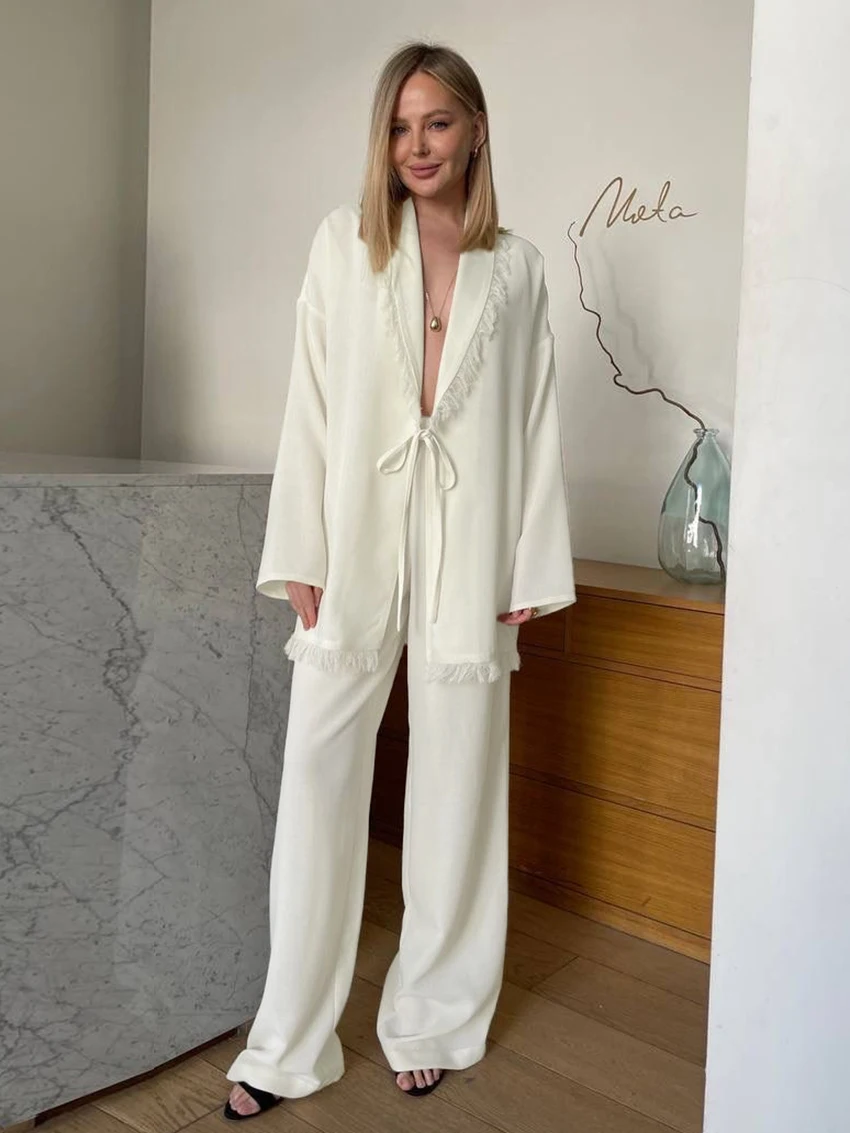 Marthaqiqi Fashion Women Sleepwear Suit Long Sleeve Pajama Turn-Down Collar Nightie Lace Up Pyjama Pants Loose Ladies Pijama Set