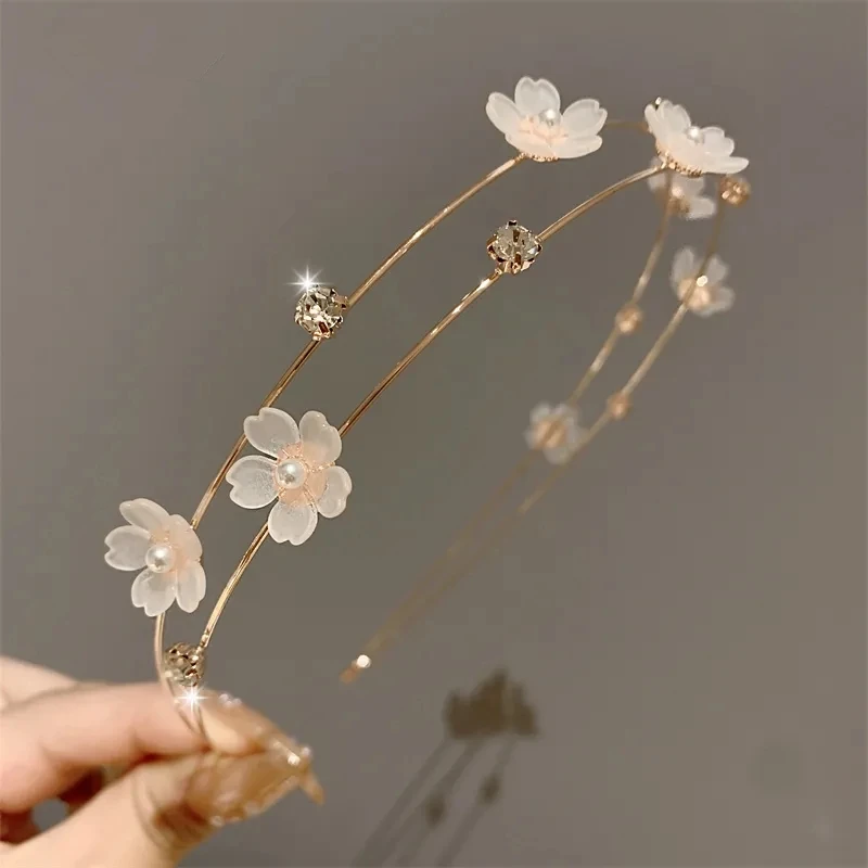 New Double Layer Metal Hairband Flower Pearl Headband for Women Headwear Shiny Rhinestone Hair Band Hoop Hair Accessories