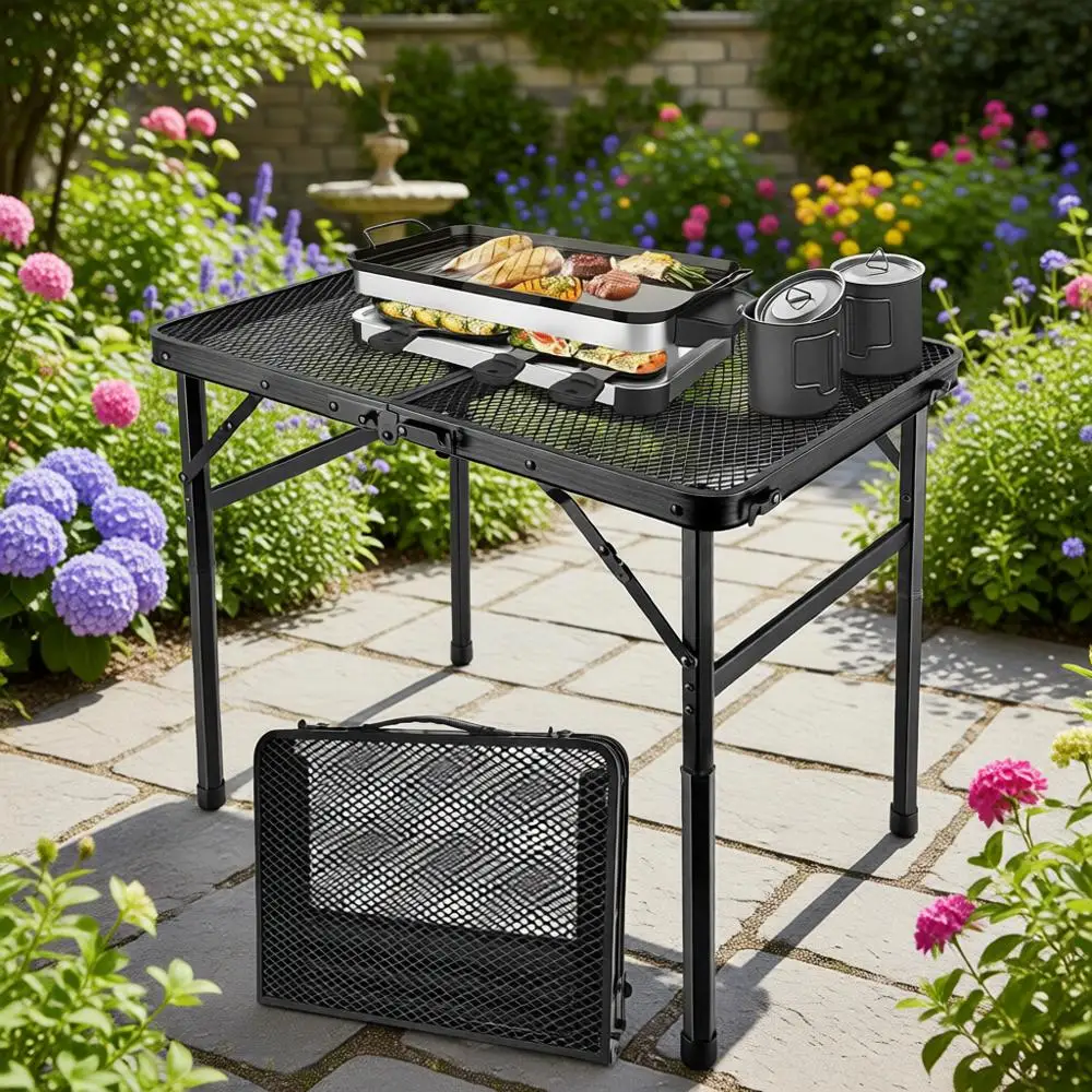 

Портативный складной стол для кемпинга с регулируемой высотой, металлическая подставка для барбекю, легкий уличный стол для гриля - черный