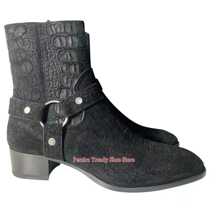 Crocodile Pattern Embossed Genuine Leather Chelsea Boots Pointed Toe Side Zipper Short Boots Autumn Winter Trendy Party Shoes