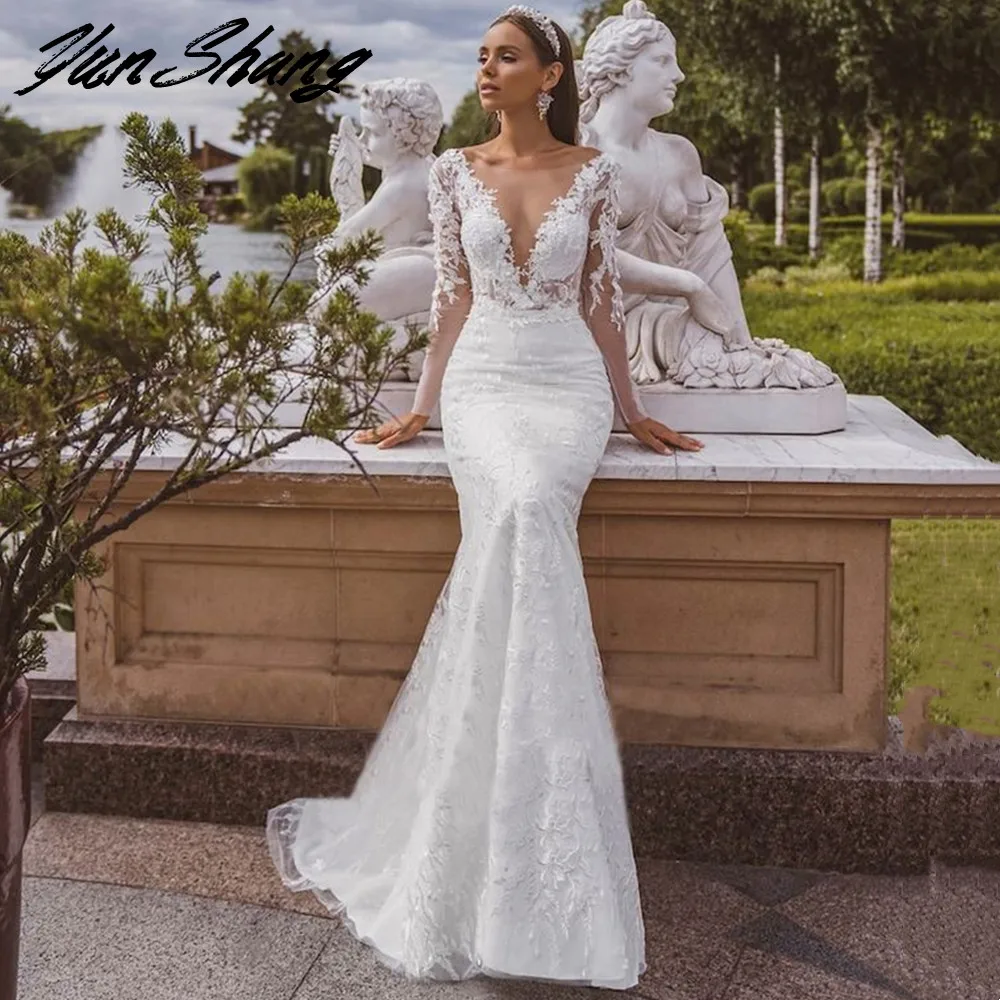 YunShang 2 In 1 abito da sposa profondo scollo a v manica lunga Appliques di pizzo Tulle sirena abito da sposa cerniera Backless Vestidos De Noiva