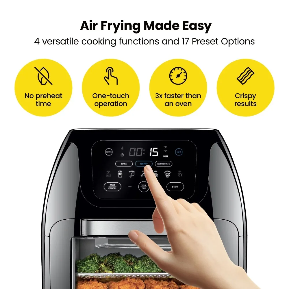 Multifunctional Digital 10 Qt. Air Fryer+ Rotisserie, Fry, Roast & Bake, 17 Presets - Black, New,rapid air technology