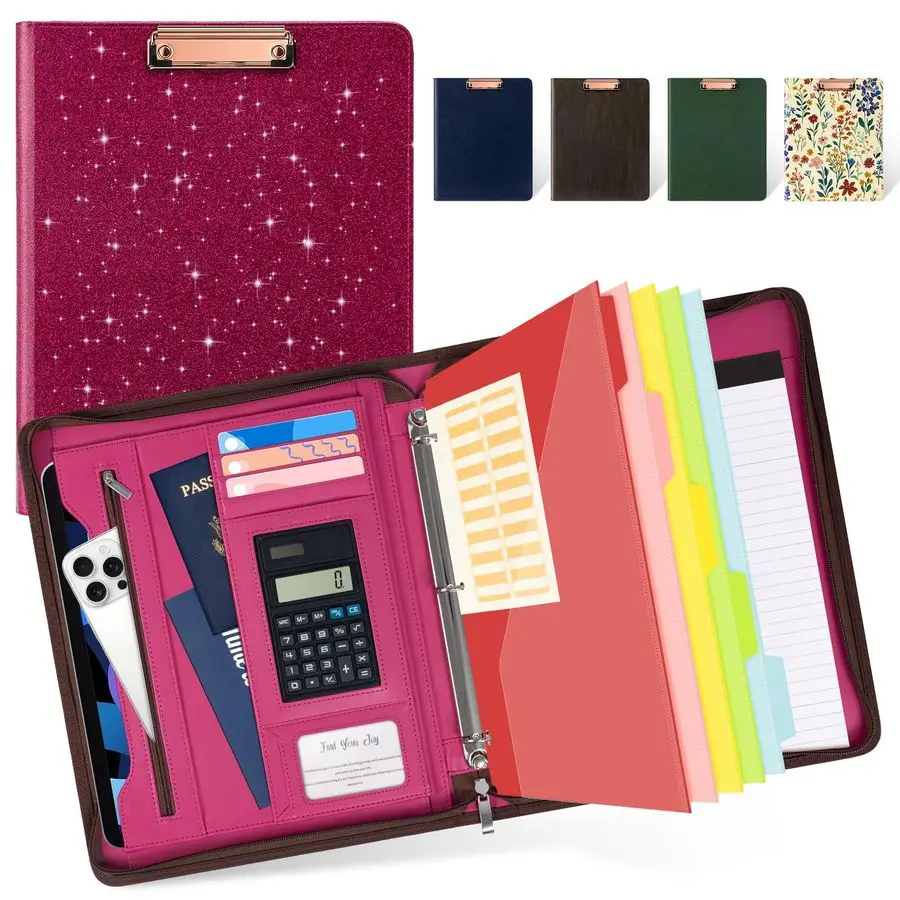 

Zipper Clipboard with Storage, Leather Padfolio Portfolio Folder, 3 Ring Binder Dividers with Tabs, 12.1 Tablet Sleeve, Refillab