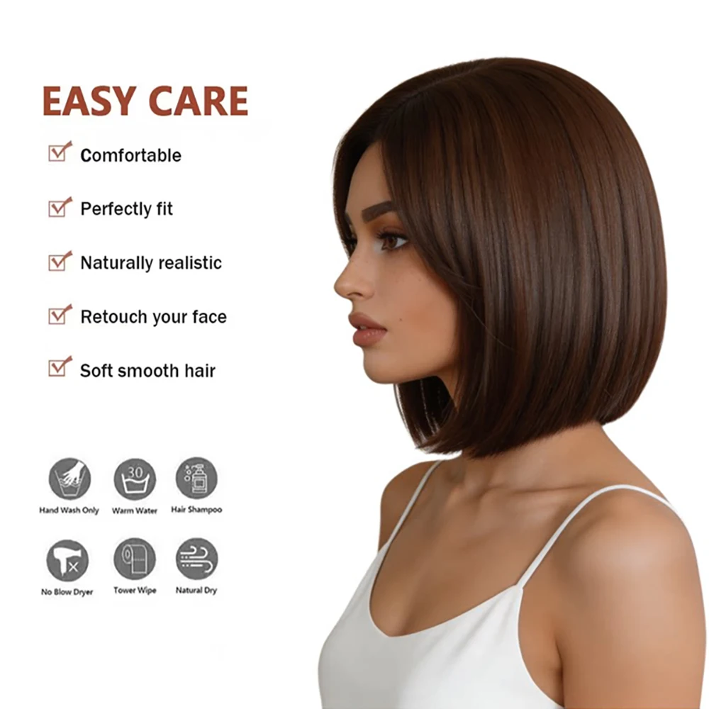 Medium Brown Bob Wig 12 Inch Side Part Straight Heat Resistant Synthetic Natural Hairline Adjustable Cap Daily Wear Fits All