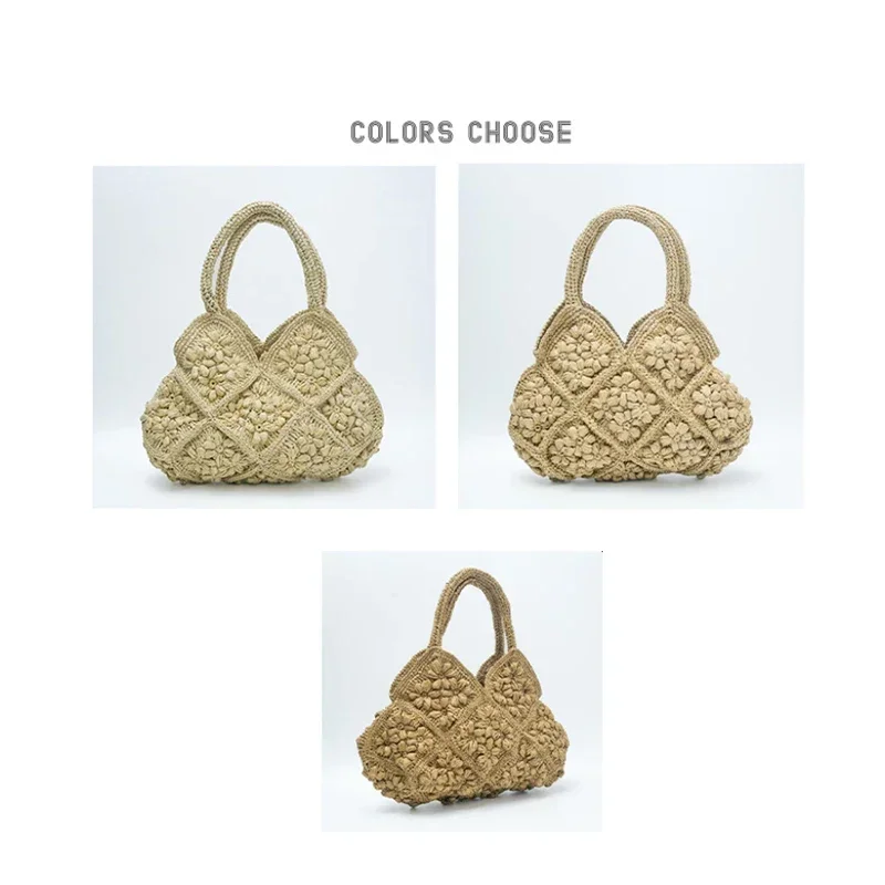 Handgefertigte Strandtasche aus gewebtem Papier, hochwertige 3D-Blumen-Grastasche, große Kapazität, tragbare Urlaubstasche für Frauen am Meer. – Detail 14
