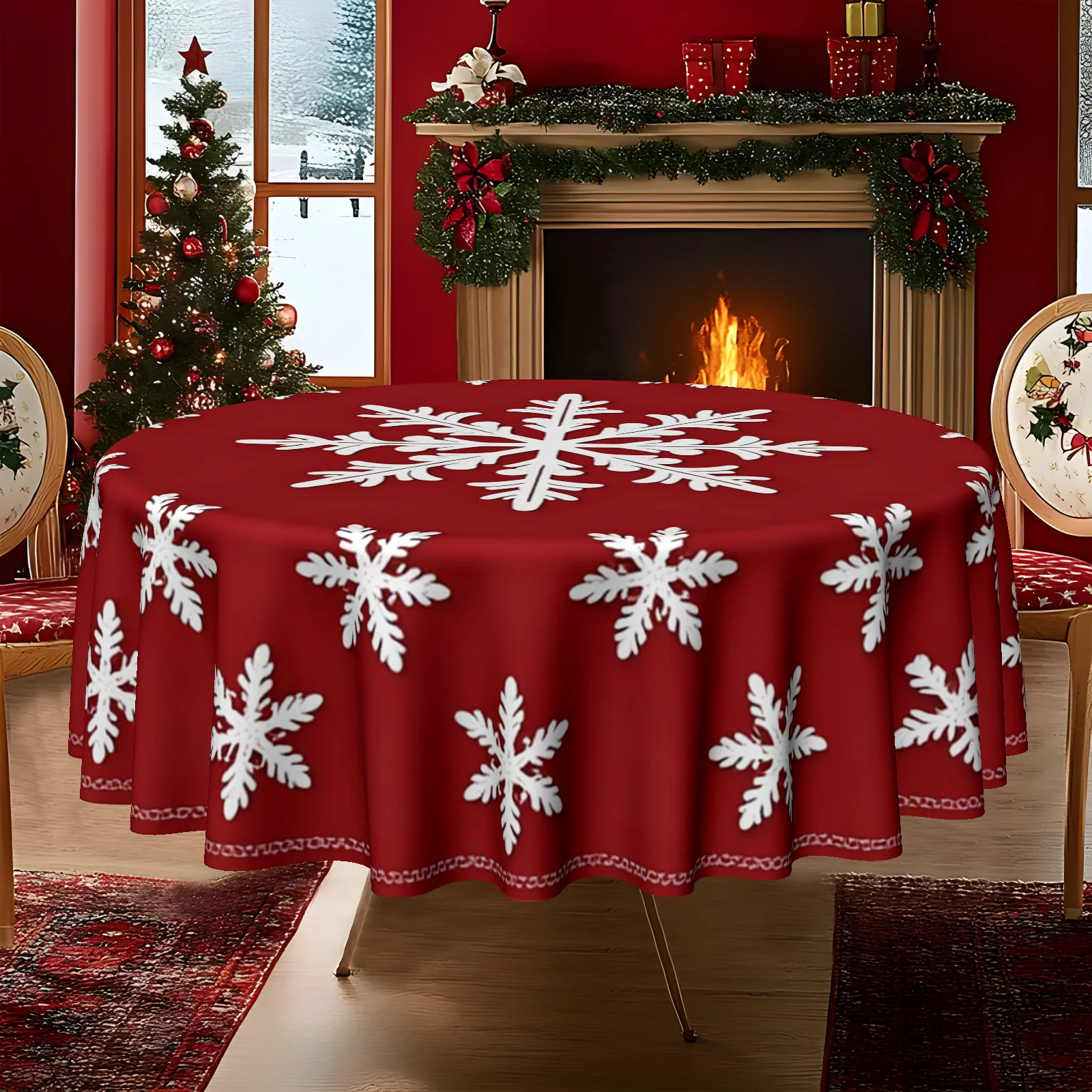 1 Christmas theme, festive red background snowflake print round tablecloth