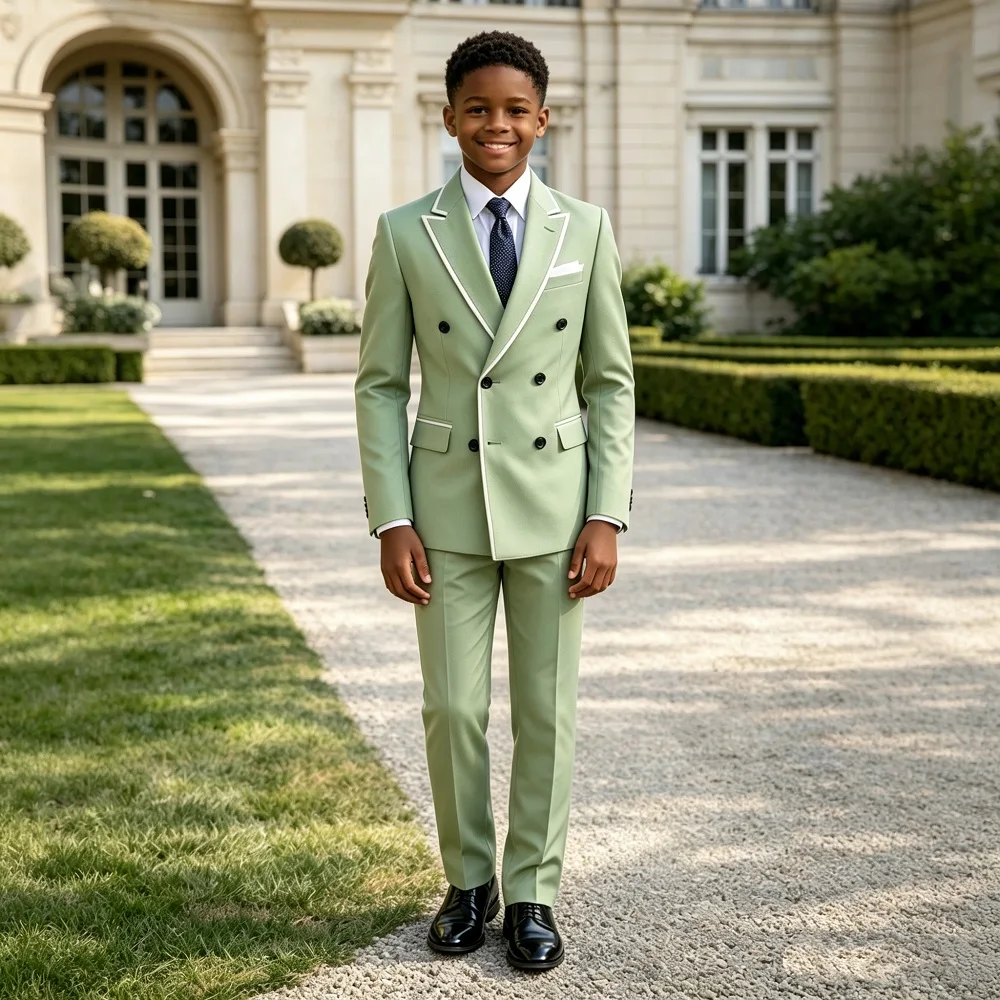Double Breasted Boys Wedding Suit 2 Pieces Formal Tuxedo Set for Kids Notch Lapel White Piping Suit Page Boy Birthday Party Prom