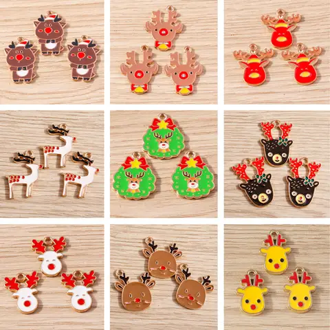 10 adet karikatür emaye noel geyik Elk boynuzları Charms kolye takı yapımı için yeni yıl küpe kolye DIY el sanatları kaynağı