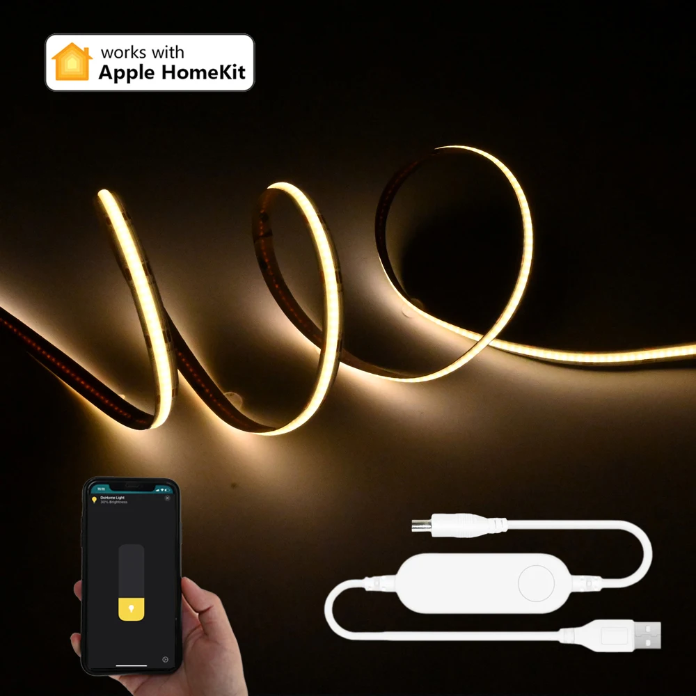 USB Homekit WiFi COB LED Strip 5V 1m 2m 3m 4m 5m Warm White Flexible Dimmable Wardrobe Showcase TV Lighting Siri Voice Control