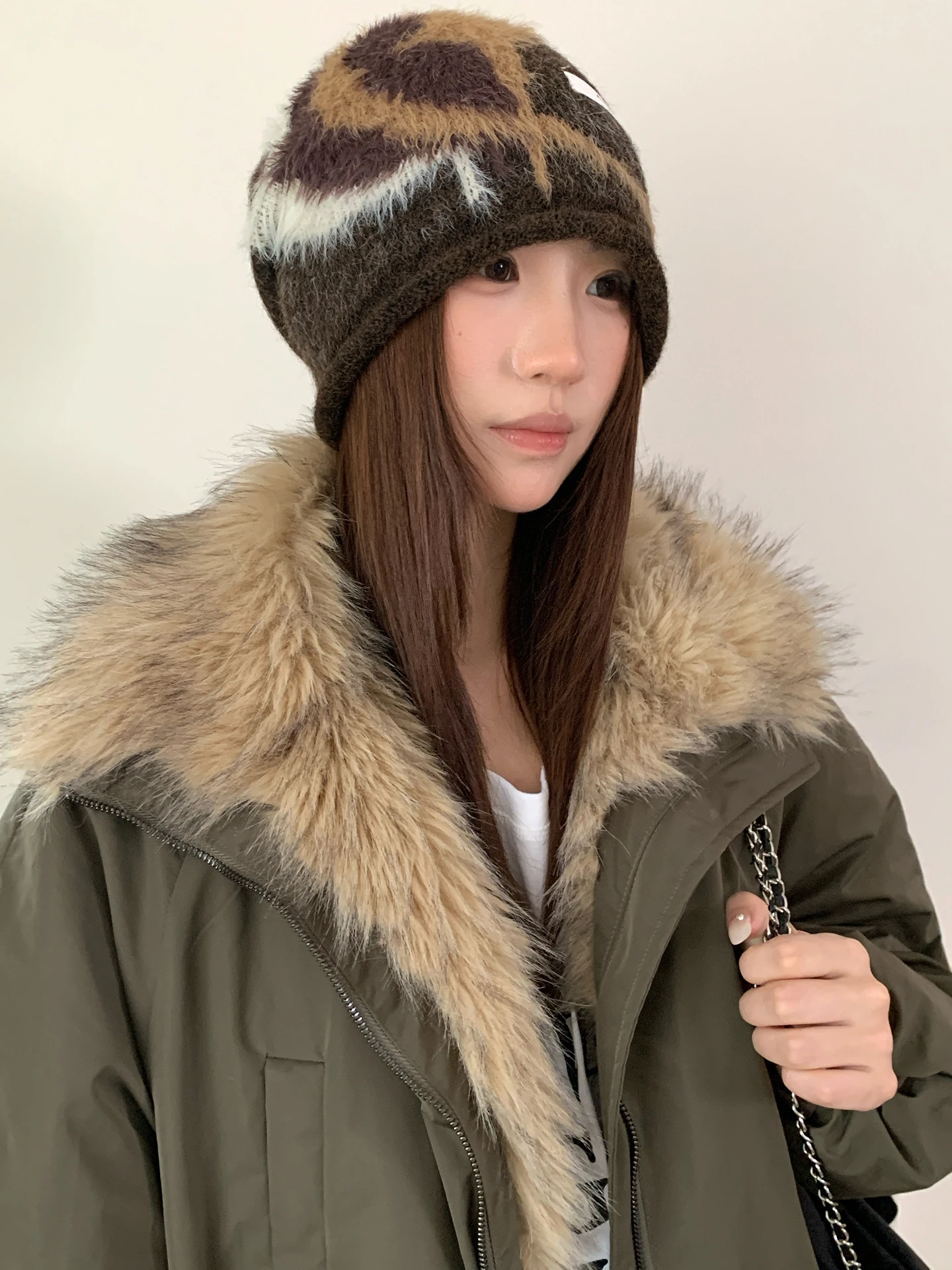 Niche Star Coffee Color Slouchy Hat Women's Autumn Warm Earflap Beanie Rolled Edge Beanie Large Head Circum