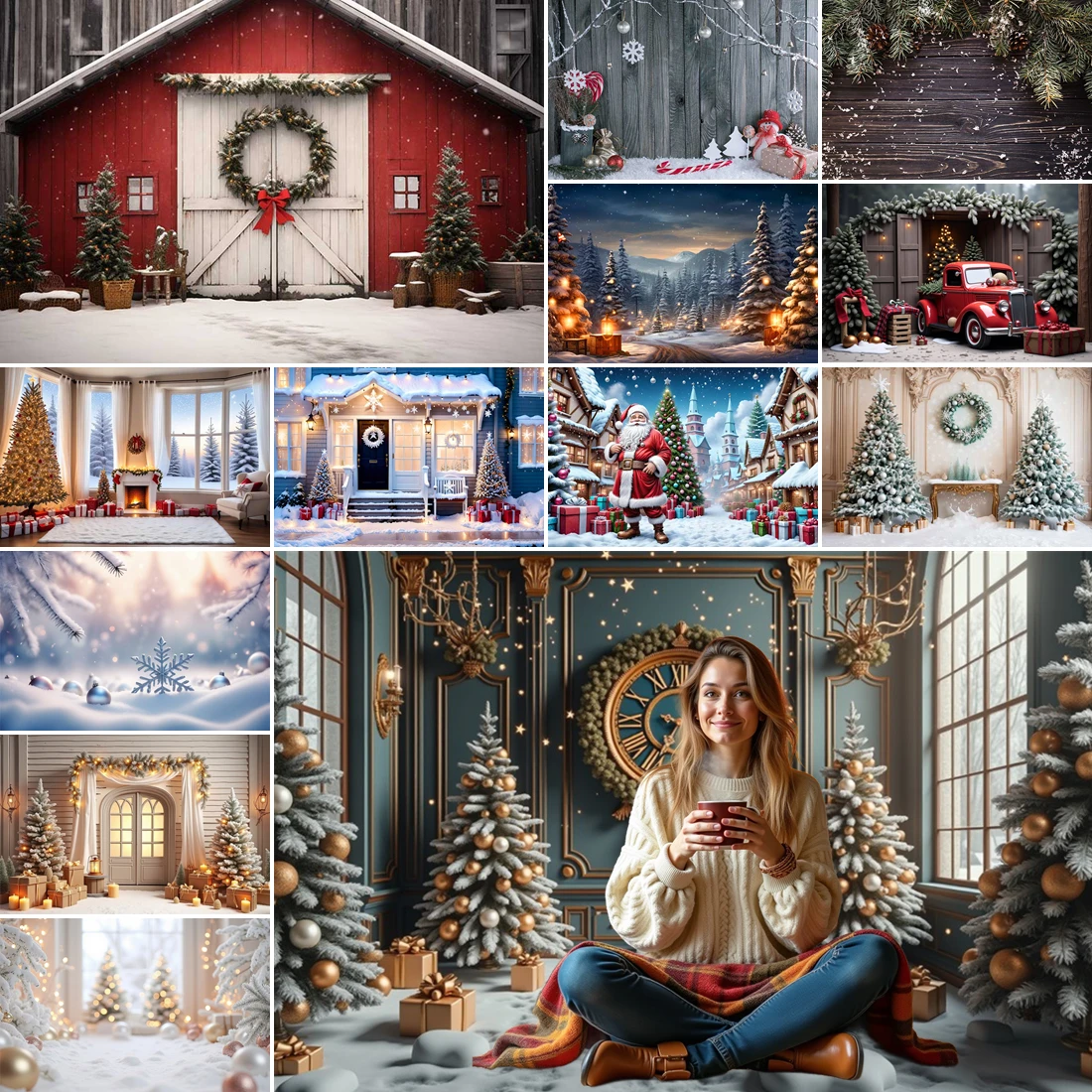 

MOON.QG Winter Christmas Backdrops For Photography Cabinet Window Curtains Xmas Trees Photo Backgrounds Wallpaper Family Custom