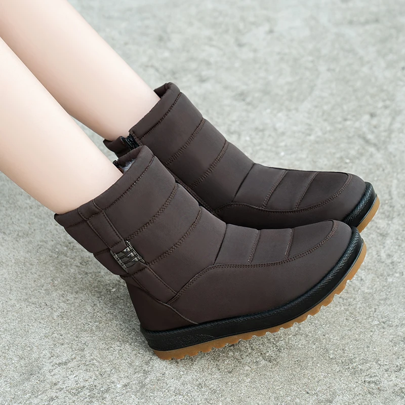 الأحذية النسائية أحذية الشتاء للنساء حذاء من الجلد الدافئة الفراء بوتاس موهير مقاوم للماء كعوب منخفضة أحذية الثلوج الشتاء حذاء مسطح #3