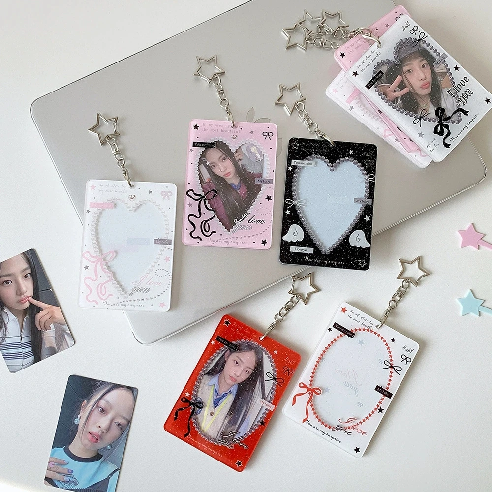 Glitter Bowknot Photocard Holder Keychain Photo Card Holders 2.3x3.5 Inch ID Badge Holder Bus Card Credit ID Bank Card Holder