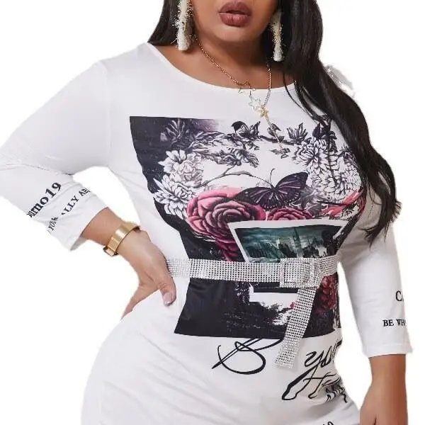 T-shirt Long imprimé diagonale pour femmes, haut confortable, taille ample, jupe trapèze en Fiber de Polyester, Sle Busin décontracté Dr