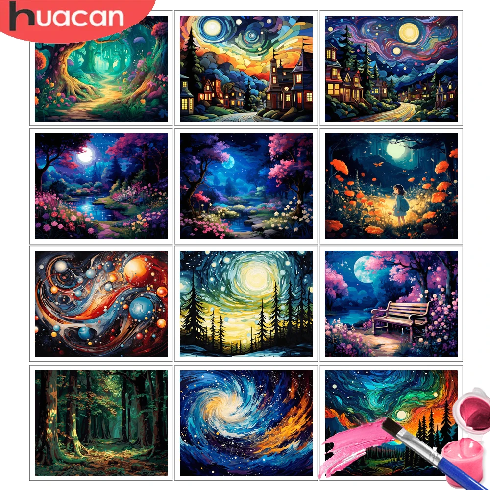 HUACAN Malen nach Zahlen, Waldlandschaft, Nachtszenerie, Bilder auf Leinwand, Sternenhimmel-Set für Kreativität, Heimdekoration