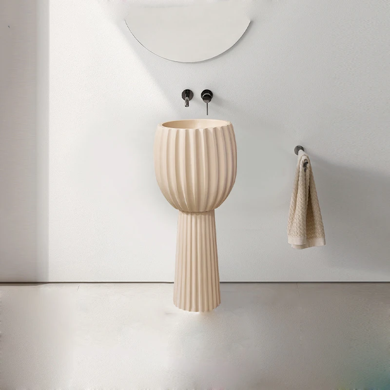 Nordic Style Fluted Integrated Artificial Stone Pedestal Sink, Designer Creative Freestanding Wash Basin RS2352