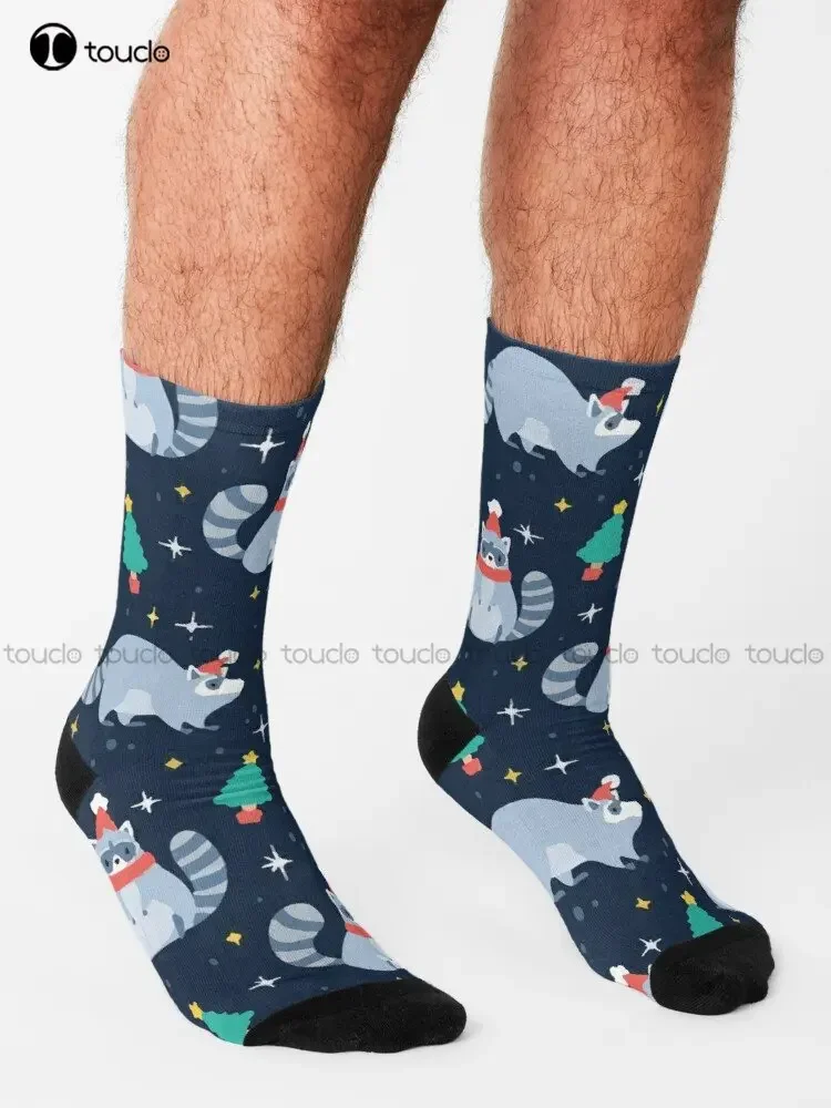 Raccoon Santa Will Make Your Holiday Unforgettable Socks Christmas Long Black Socks Street Skateboard Socks Custom Gift Colorful