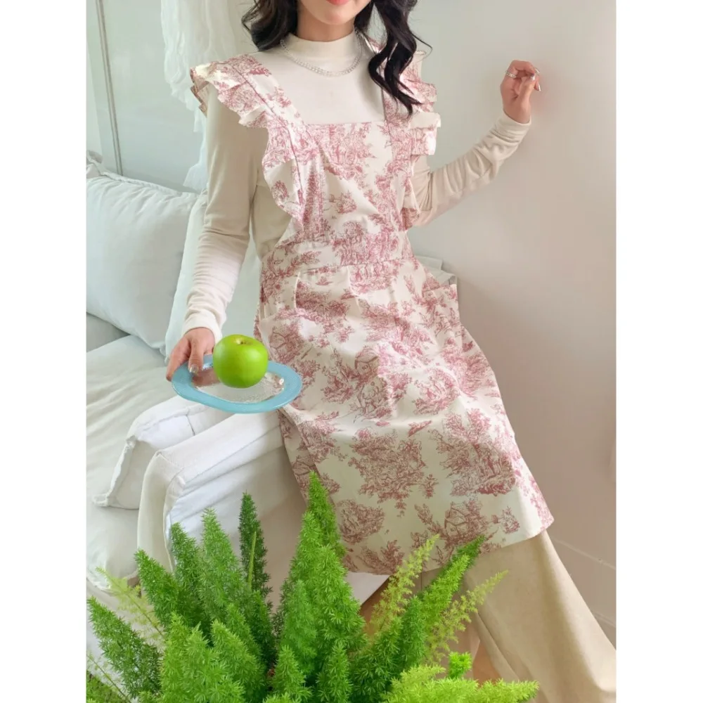 Floral Print Sleeveless Apron for Women Ruffle Shoulder Strap Kitchen Smock Cooking Baking Cafe Work Apron