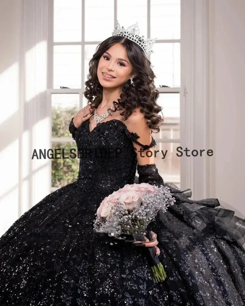 Angelsbridep Sparkly Black Quinceanera Dresses with Ruffles for Princess Lace-up Corset Sweet 16 Birthday Party Gowns NEW