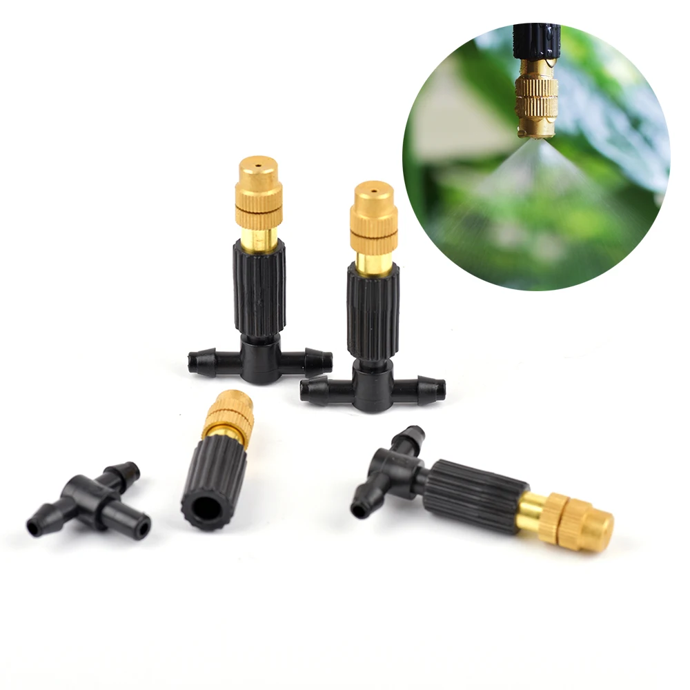 5-100Pcs Adjustable Copper Misting Nozzle w/ 4/7mm Plastic Tee Connector Brass Watering Irrigation Sprinkler Cooling Nozzle