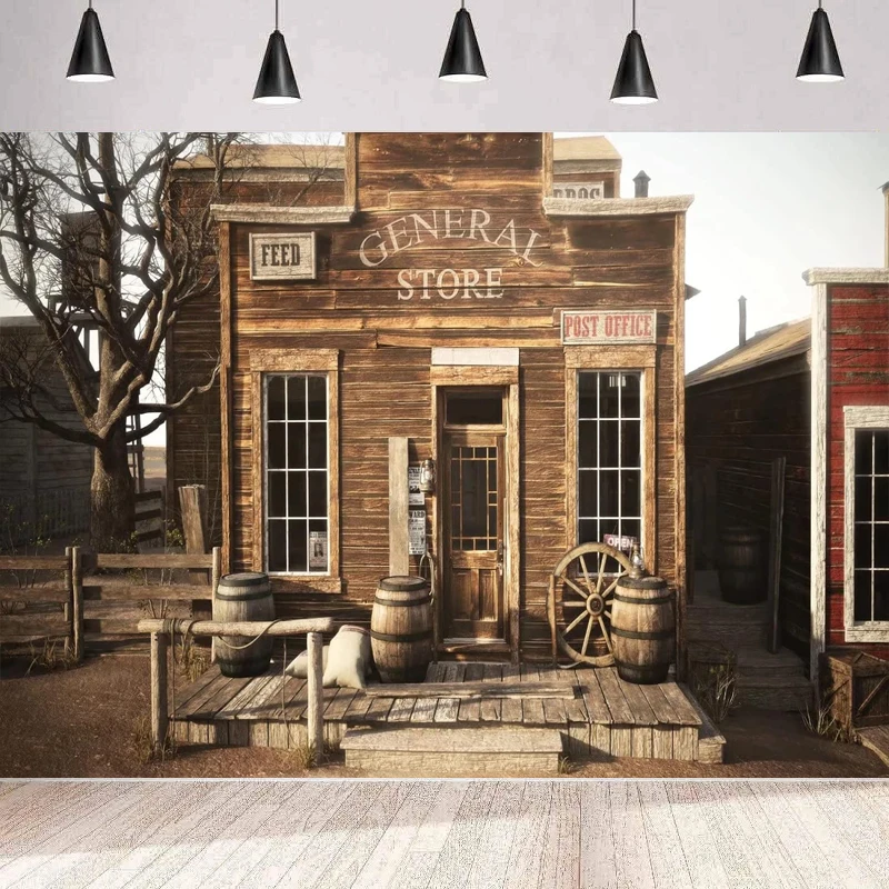 Western General Store Photography Backdrop Old Western Town Post Office Barrel Wagon Wheel Background Wall For Cowboy Party