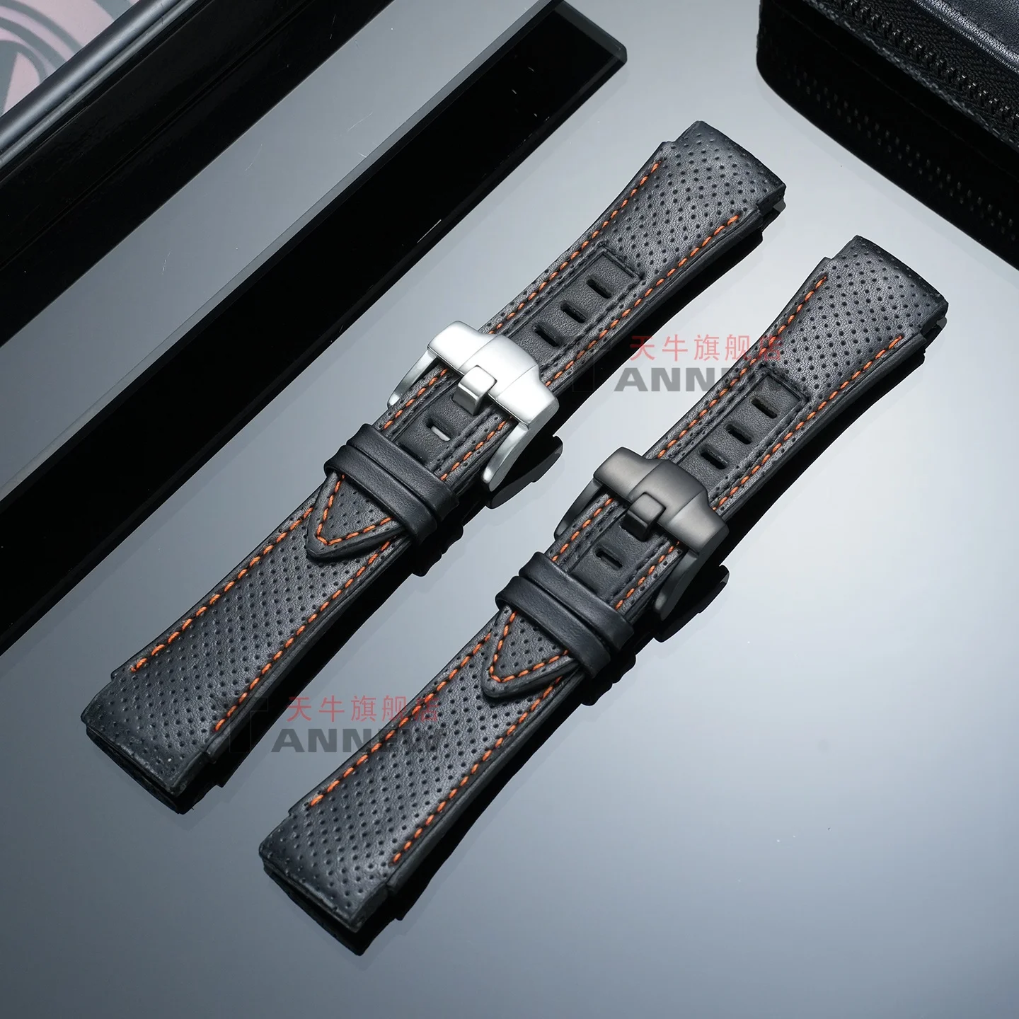Black Leather Watch Band with Orange Stitching for Seiko Sportura SPC001 SPC003 SNJ021, Replacement for SNA749 SPC039 SPC057J1