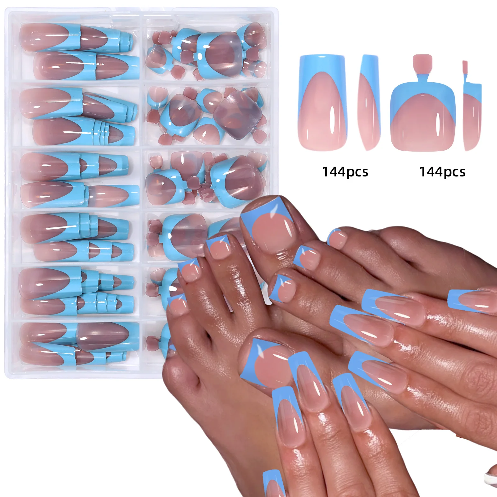 144-teiliges französisches Hand- und Fußnagel-Set, Sommer, kurze, quadratische, glänzende künstliche Zehennägel, Acryl, vollständige Abdeckung, geeignet für Nagelstudios – Detail 10
