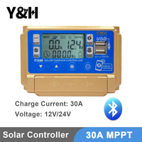 Y&H 30A MPPT Solar Charge Controller 12V/24V LCD Digital Display Screen Bluetooth Smart Battery Charge Controller Dual USB