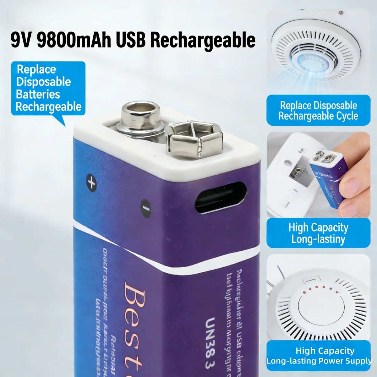 9V 9800mAh Rechargeable Li-ion Battery USB-C Fast Charge with Indicator Standard Size for Multimeter Microphone UN38.3 Certified