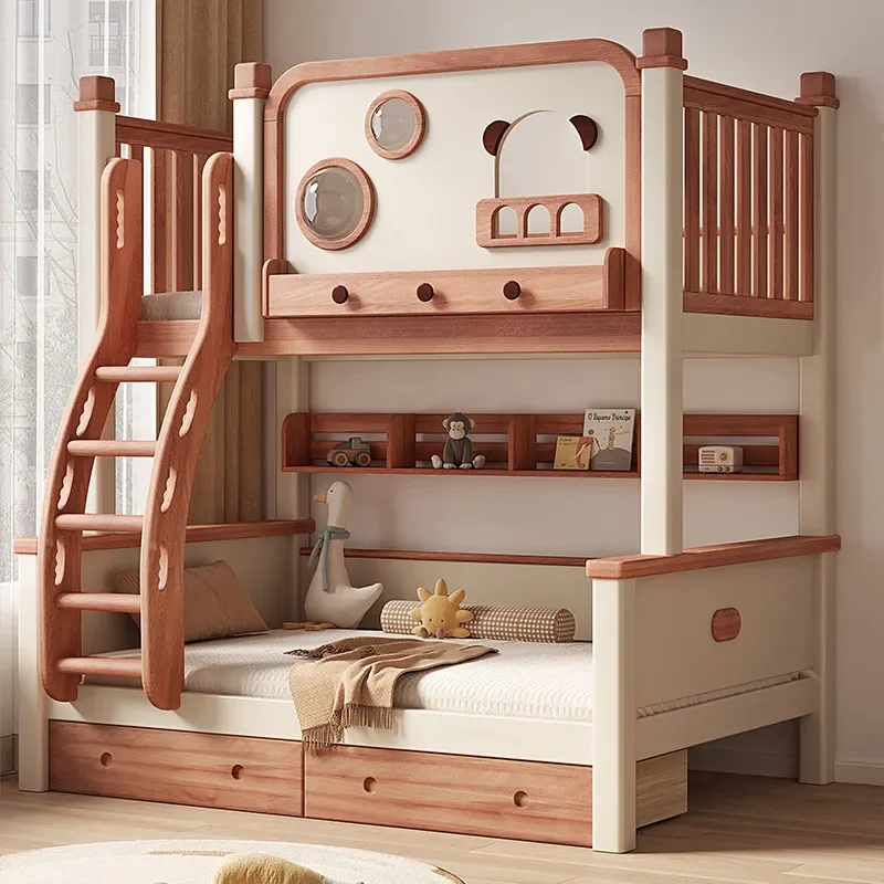 for Full Solid Wood Bunk Bed Multi-functional Children's  Mother and Child  High Low Small Apartment Red Sandalwood