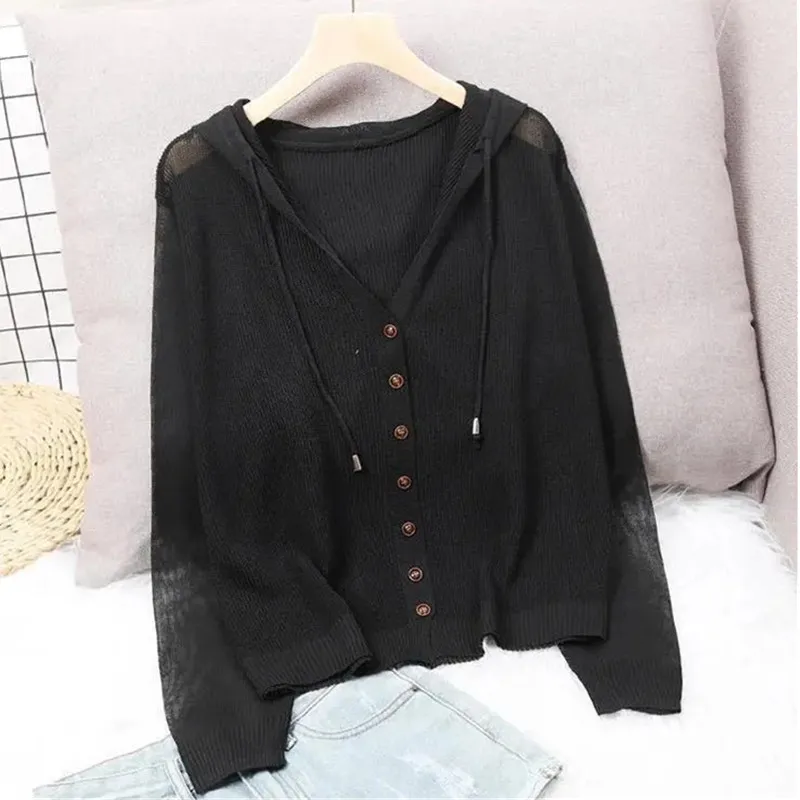 2024 New Summer Short Knitted Cardigan Coat Women\'s Hooded Top Ladies Solid Color Button Sun Protection Thin Outdoor Outwear