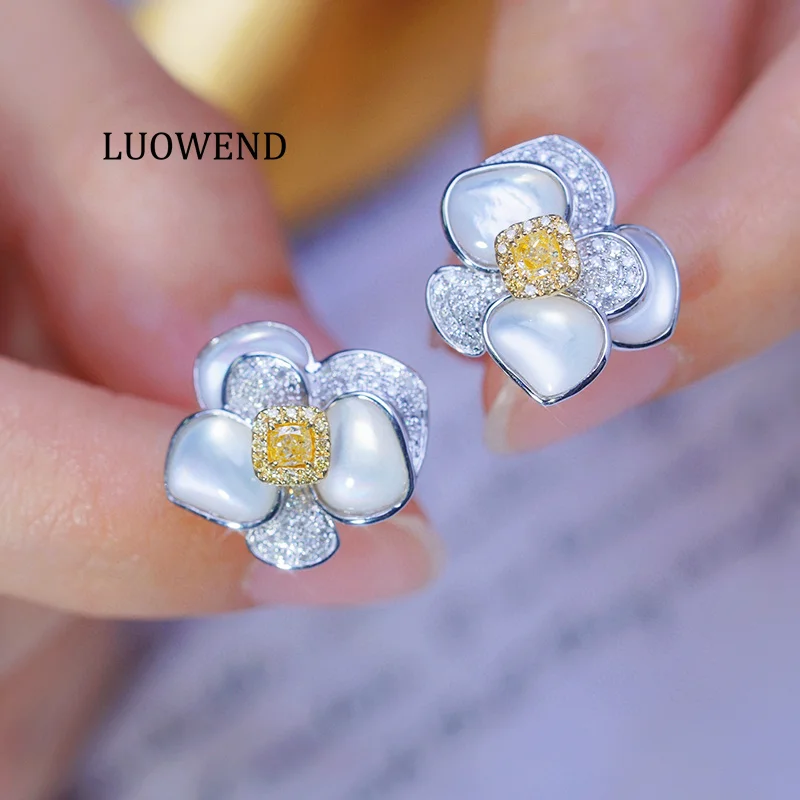 LUOWEND 100% 18K White Gold Earrings Romantic Style Real Natural Yellow Diamond Stud Earrings for Women High Wedding Jewelry