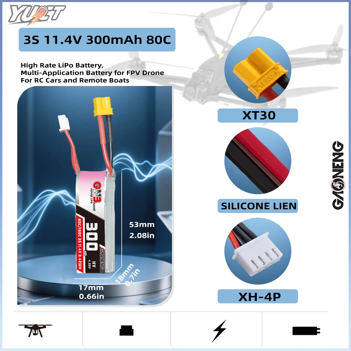 

YUCT GAONENG GNB 3S HV 11.4V 300mAh 80C LiPo Battery XT30U-F Plug Max 180C For RC Helicopter Quadcopter FPV Racing Drone Parts