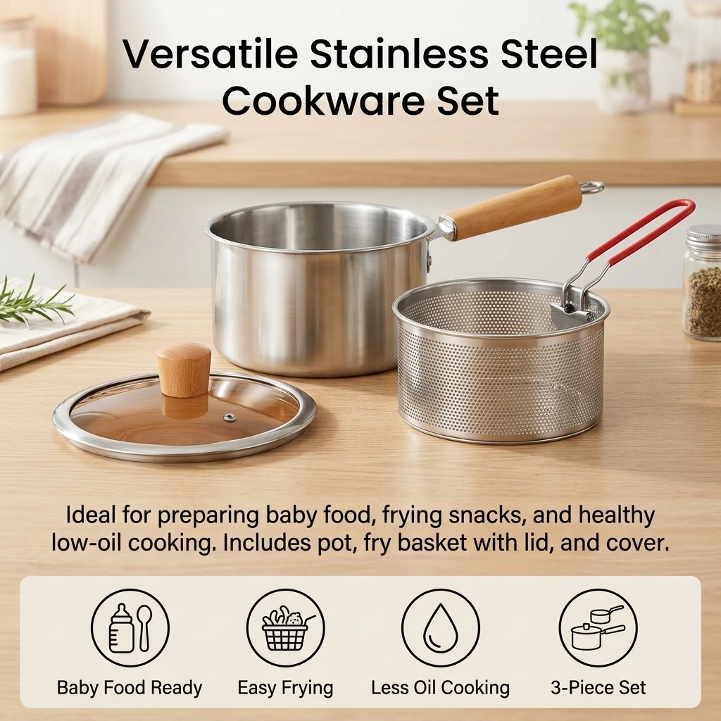 Kitchenware Deep Fryer Pot Mini Saucepan for Baby Food Multipurpose 201 Stainless Steel Cooking Pot with Glass Lid Durable
